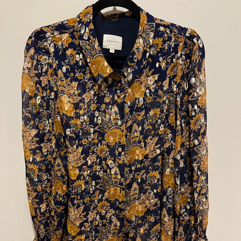 Sezane - Tianna Shirt - Gold/Ochre/Blue - Size 10 (USA); 42 (EU)